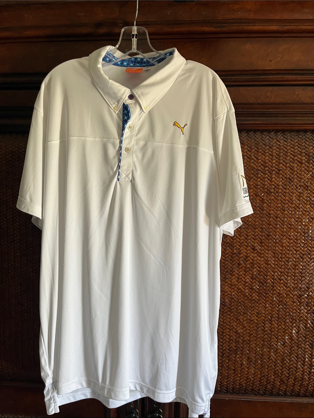Puma Men’s White Polo with Blue Trim and Yellow Logo